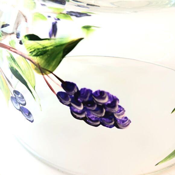 Glass Cheese Pastry Dome Handpainted Blueberry Floral Design With Glass Plate - Picture 9 of 13